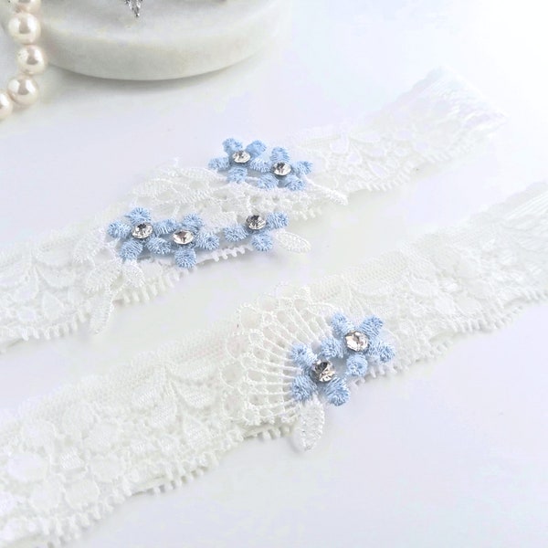 Light Blue Wedding Garters, White Custom Sized, Keep and Toss Bridal Something Blue Set