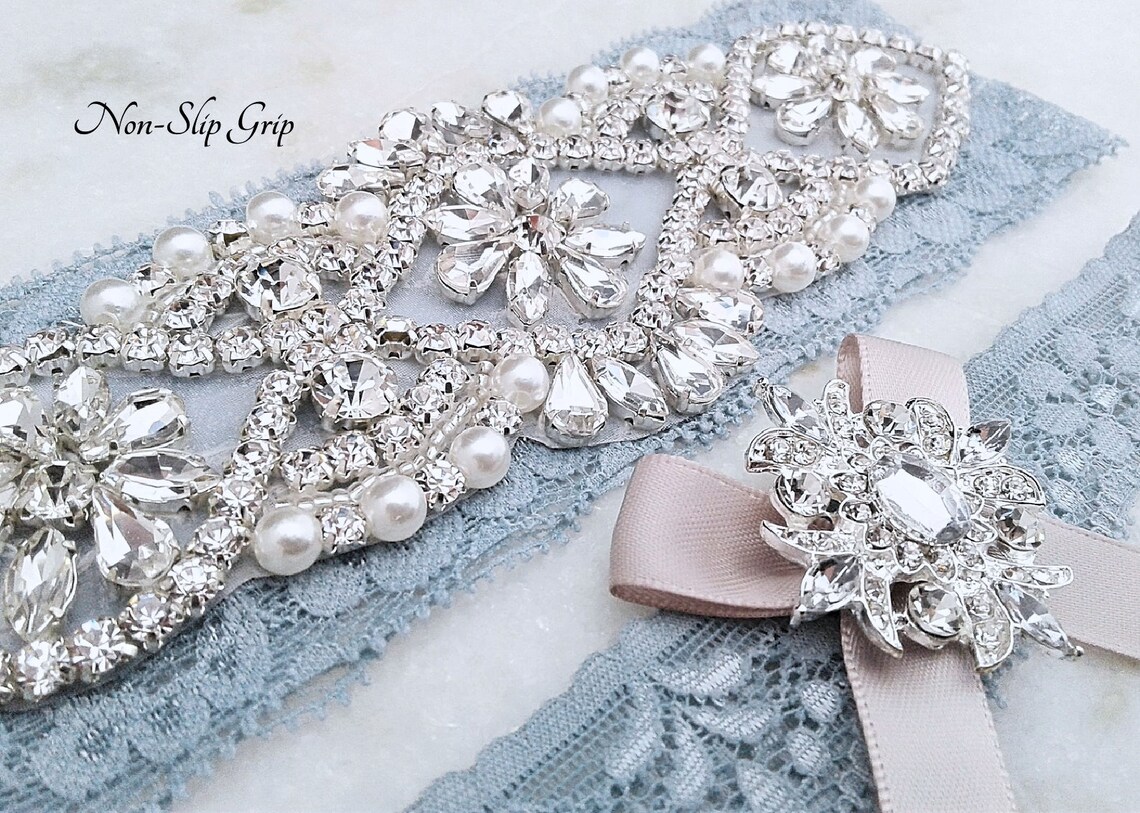 Something Blue Wedding Garters Ivory / White Lace Keepsake / image 1