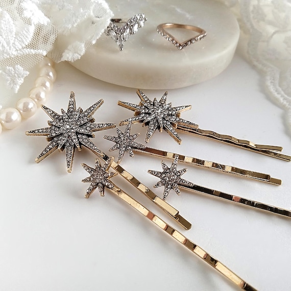 Star Hair Pins, Gold Wedding Bobby Pins, Crystal Rhinestone Hair Clips, Stars Bridal Hair Pin, Celestial Wedding Hair Pins, Antique Gold Pin