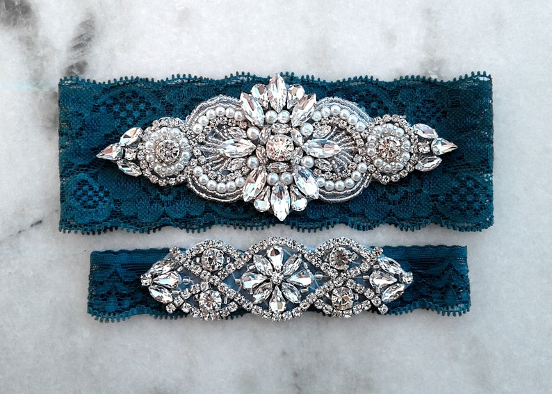 Teal Wedding Garters Stretch Lace Bridal Garter Silver