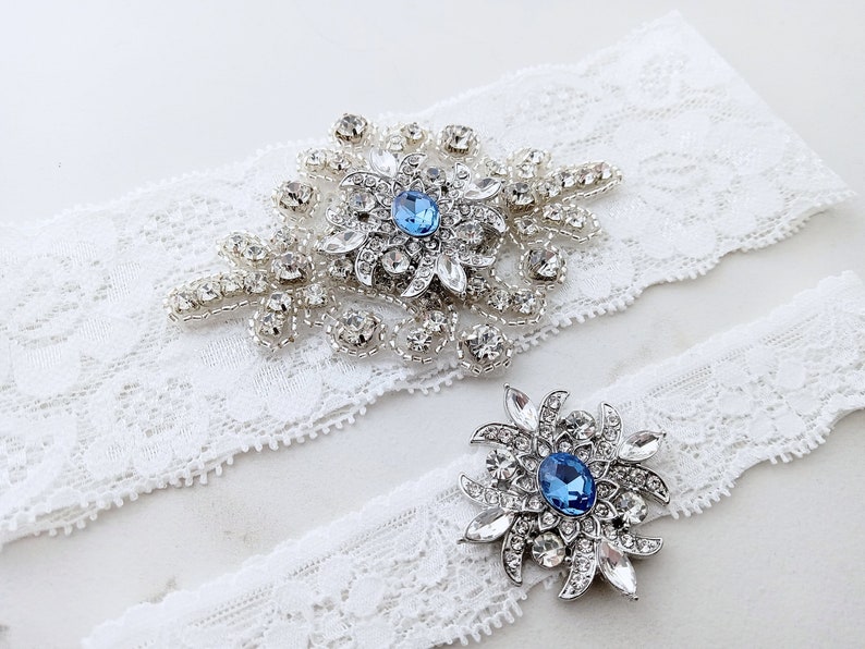 Something Blue Wedding Garters, Rhinestone Crystal Bridal Set, Lace Keepsake / Toss, Prom image 1