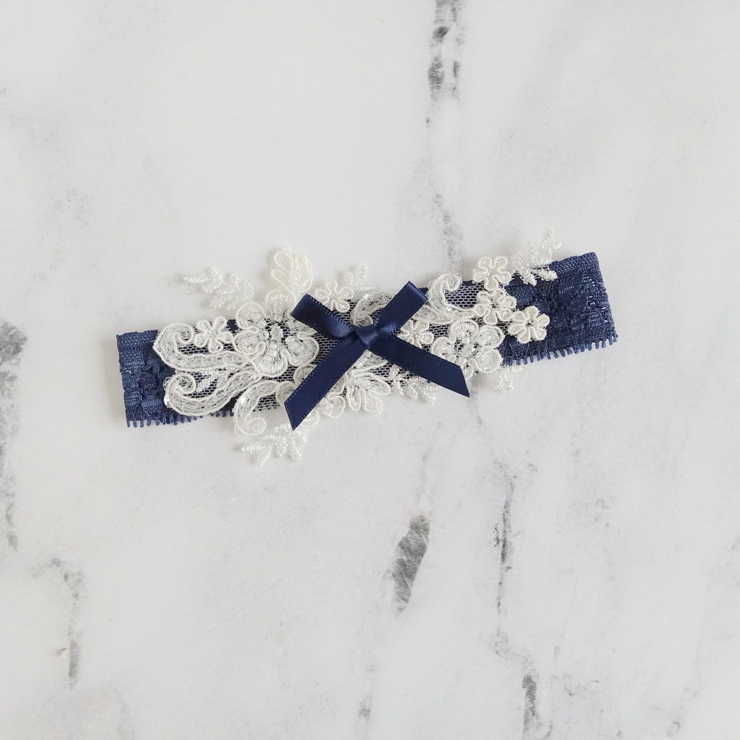 Navy Blue Wedding Garter, Ivory Garter for Wedding, Lace Garters