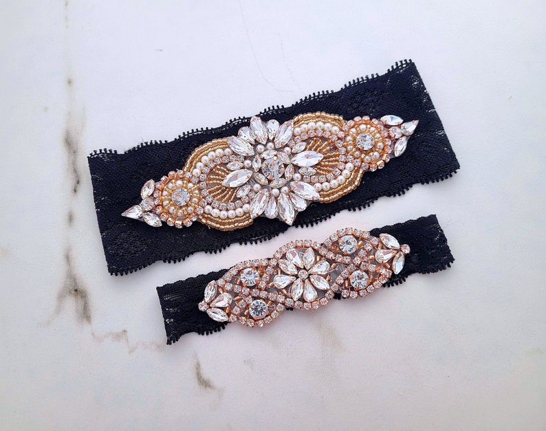 Black Rose Gold Wedding Garter Lace Bridal Garters Crystal image 1