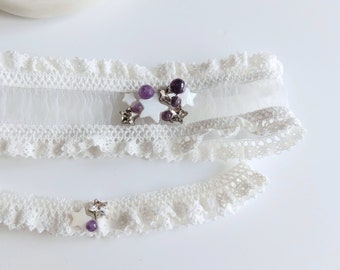 Amethyst, Mother of Pearl Stars Wedding Garters, Rhinestone Bridal Set, Custom Sized Petite - Plus, Celestial Purple Keep and Toss