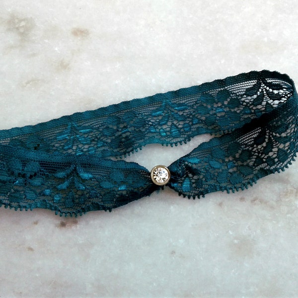 Teal Wedding Garter, Stretch Lace Garter, Blue Green Dark Teal Bridal Garter, Crystal Rhinestone Garters, Silver, Rose Gold, Small Garter