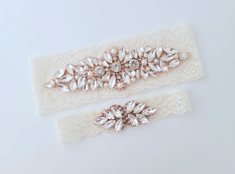 Rose Gold rhinestone Wedding garter set with keepsake and toss garter. Made with stretch lace in your choice of 8 colors.