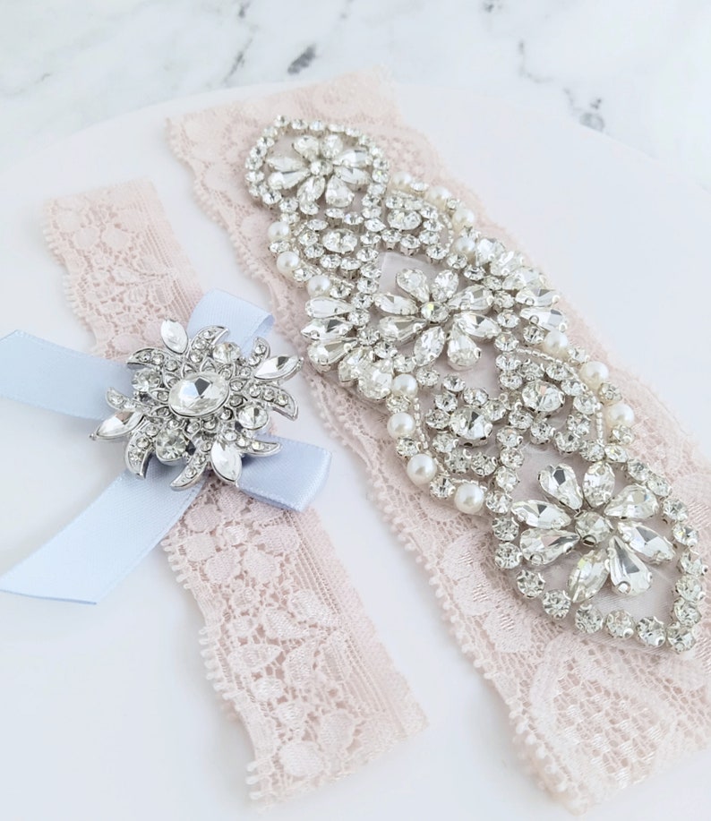 Something Blue Wedding Garters, Ivory or White Lace Pearl Rhinestone Bridal Garter Set image 3