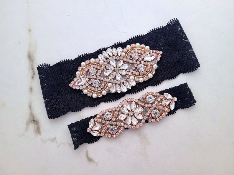 Black Rose Gold Wedding Garter Lace Bridal Garters Crystal image 1