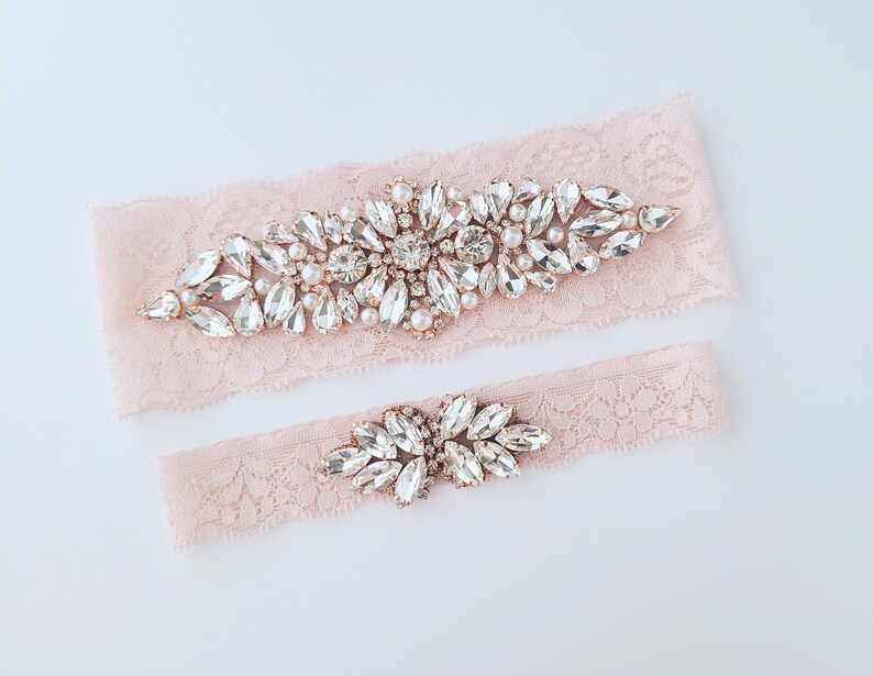 Rose Gold Wedding Garters for Bride, Crystal Rhinestone Ivory Lace Bridal Keep and Toss Set image 4