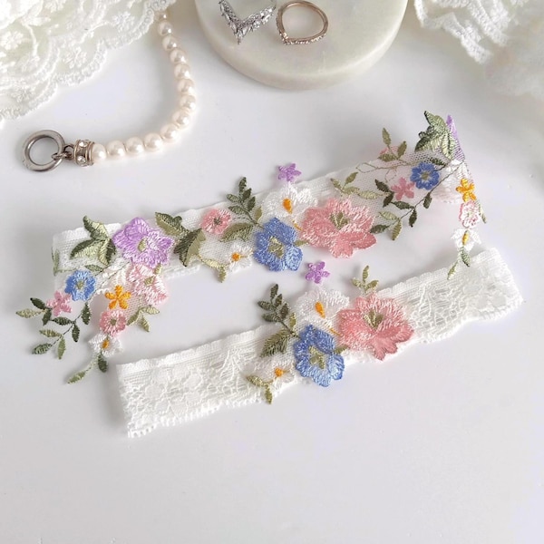 Embroidered Wildflower Wedding Garter Set, Off White Lace Bridal Keep and Toss Garters, Purple, Pink, Blue, Yellow, Green, Custom for Bride