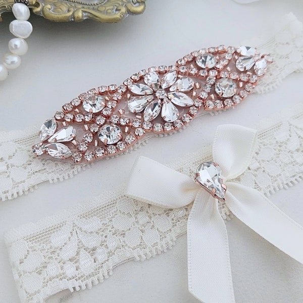 Wedding Garters, Rose Gold Stretch Lace Bridal Set, Crystal Rhinestone Something Blue non-slip