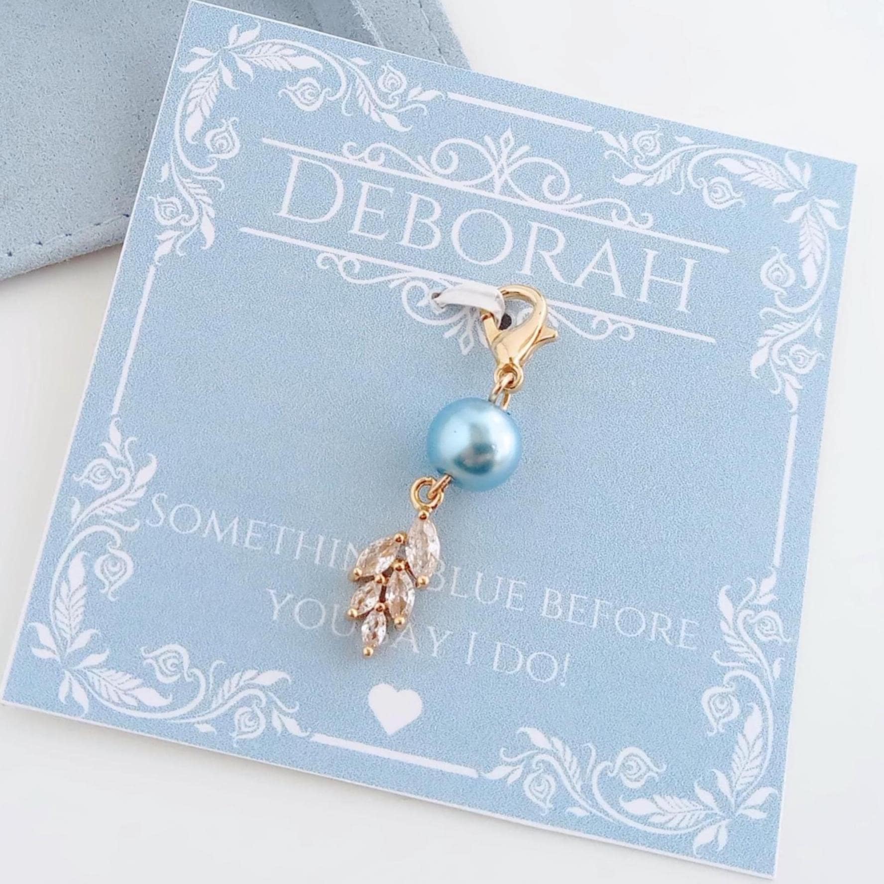 Something Blue Pearl Charm for Bride, Cubic Zirconia Leaves Personalized Bouquet Charm, Bridal Shower Gift