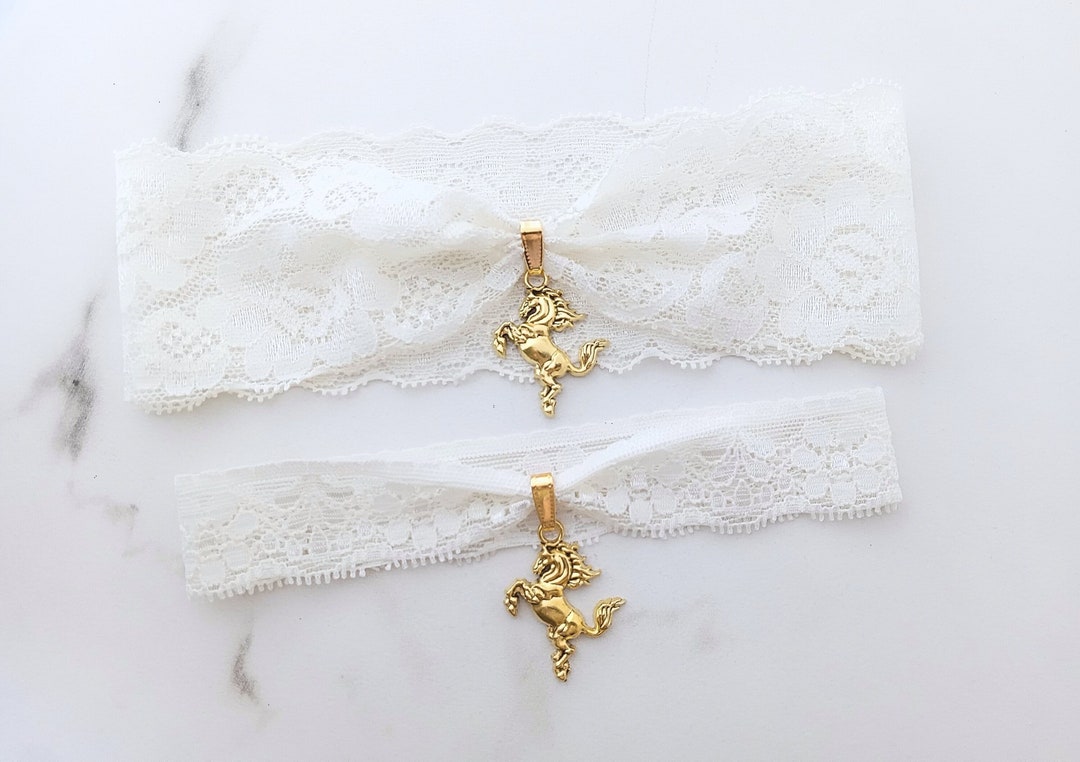 Gold Horse Wedding Garters, Stretch Lace Bridal Garters, Something Blue
