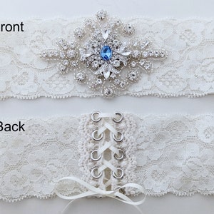 Something Blue Wedding Garters, Rhinestone Crystal Bridal Set, Lace Keepsake / Toss, Prom image 6