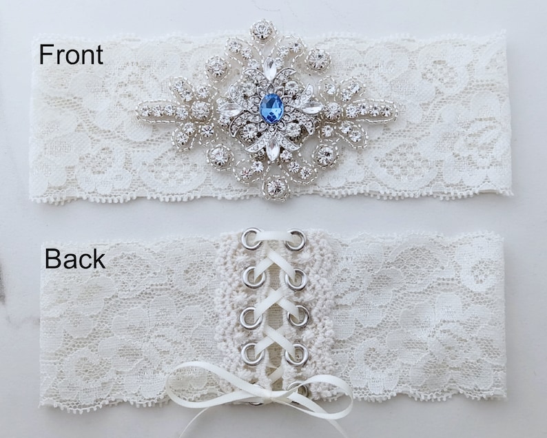 Something Blue Wedding Garters, Rhinestone Crystal Bridal Set, Lace Keepsake / Toss, Prom image 6