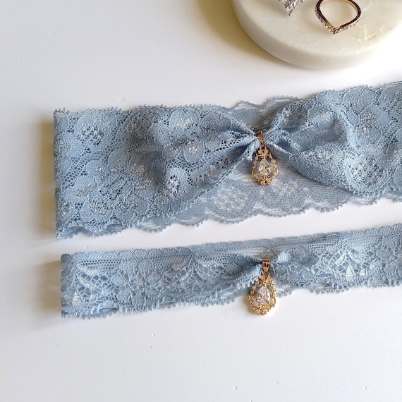 Wedding Garter Set Gold, Bridal Garter Set for Wedding Garters Ivory Garters for Wedding Something Blue Garters for Bride