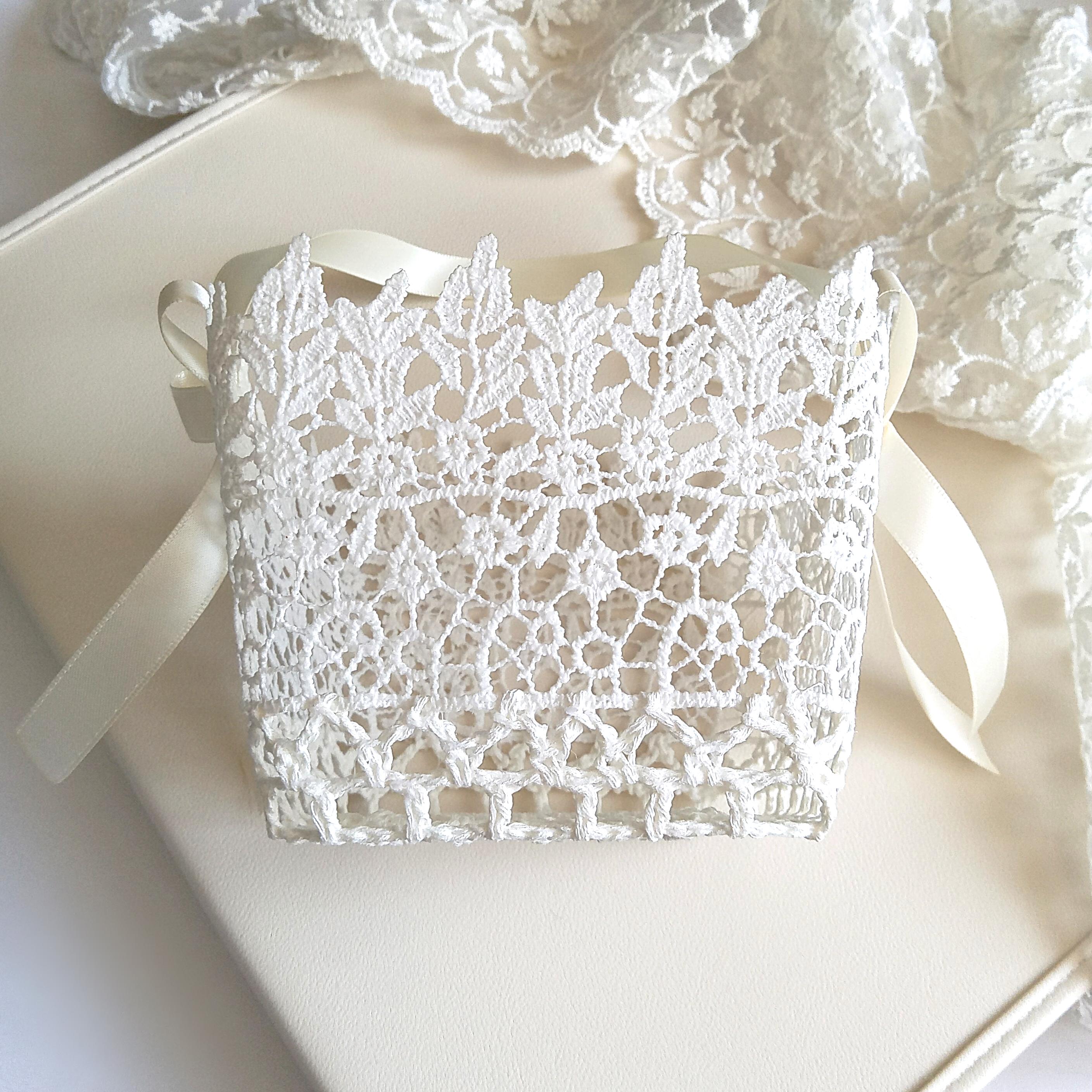 Flower Girl Basket, Crochet Lace and Ribbon Boho Wedding Basket With ...