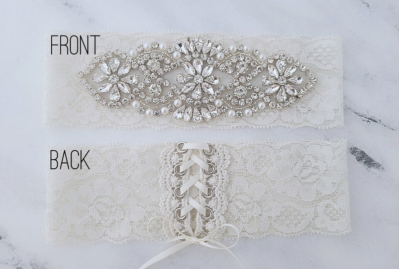 Something Blue Wedding Garters, Ivory or White Lace Pearl Rhinestone Bridal Garter Set image 8