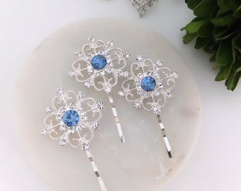 Blue Stone Wedding Hair Pins, Blue Rhinestone Hair Clip, Wedding Bobby Pins, Crystal Hair Pins, Something Blue Bridal Hair Accessories