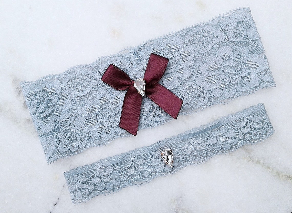 Dusty Blue Burgundy Wedding Garter Rose Gold Lace Bridal image 1