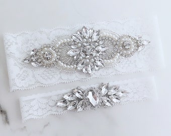 Wedding Garter Set Pearls, Crystal Rhinestone Lace Bridal Custom Sized for Bride, Keepsake and Toss