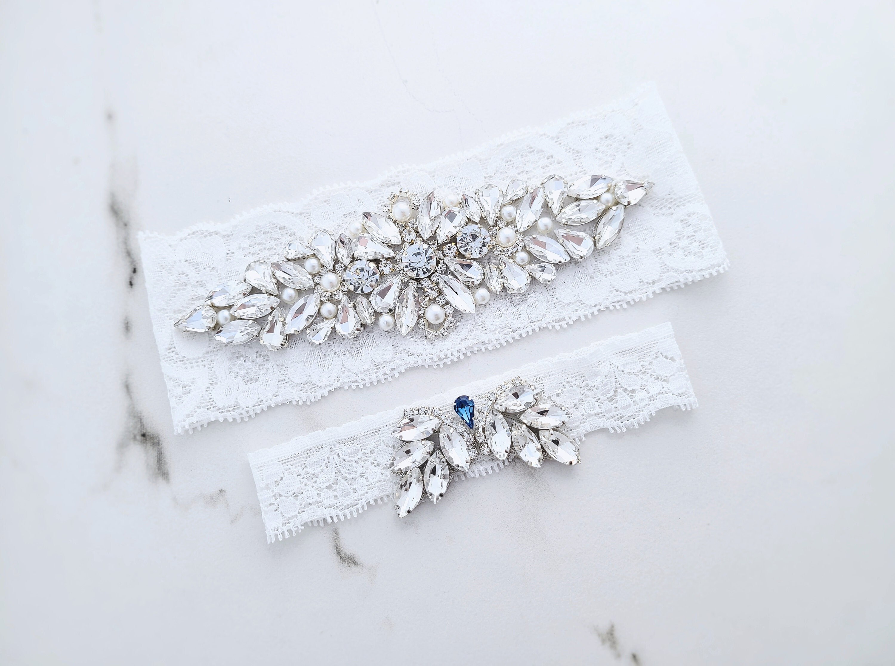 Ivory Blue Wedding Garter Set w/ Pearl Rhinestone Bow Lace Ocean Bride Gift S4B 