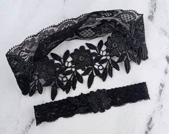 Black Wedding Garters, Embroidery Flower Lace Garters, Wedding Toss Garter, Custom Sized Garters