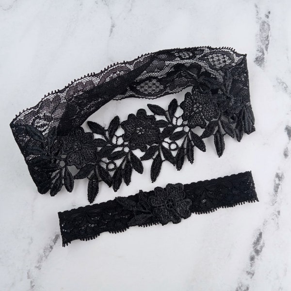 Black Wedding Garters, Embroidery Flower Lace Garters, Wedding Toss Garter, Custom Sized Garters
