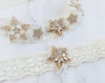 Ivory and Gold Garter for Wedding, Lace Garter Set, Celestial Wedding Garter, Stars Garter Set, Bridal Garter Set