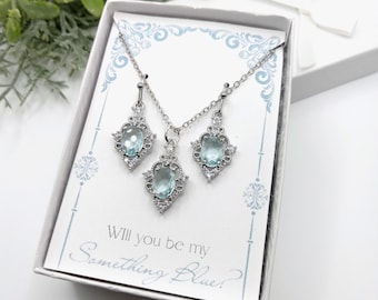 Willst du mein etwas Blaues Brautjungfern Ohrringe Halskette Set sein, Cubic Zirkonia Braut Party Vorschlag Schmuck Geschenk mit Karte