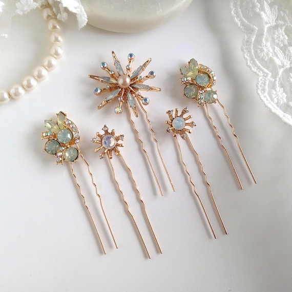 Gold Opal Hair Pin Set, Stars Wedding Hair Pins, Crystal 