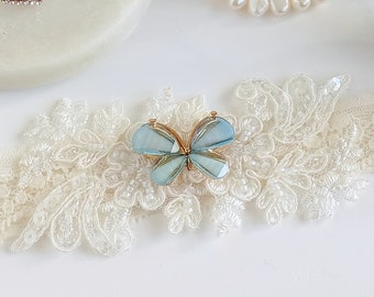 Butterfly Wedding Garter, Single Garter or Set, Something Blue Bridal Garters, Blue Butterfly Garter for Bride