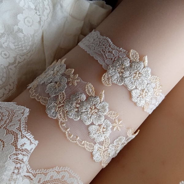 Wedding Garters in Ivory, Gold and Champagne, Illusion Flower Lace Keepsake and Tossing Set for Bride, Custom Sized