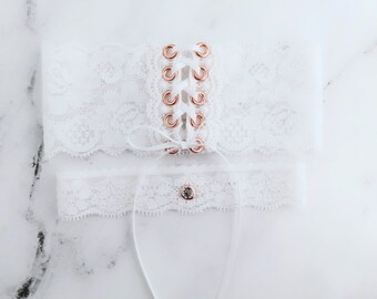 White Lace Wedding Garter for Bride with Toss, Custom Sized Bridal Set