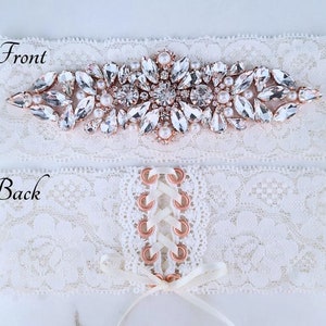 Rose Gold Wedding Garters for Bride, Crystal Rhinestone Ivory Lace Bridal Keep and Toss Set image 6