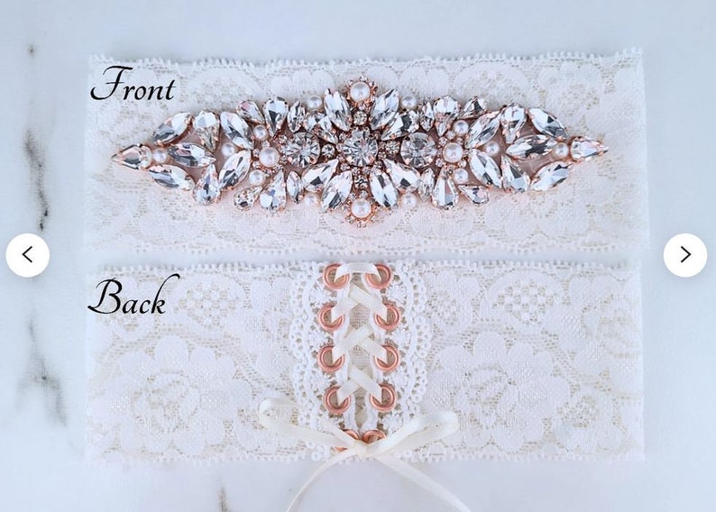 Rose Gold Wedding Garters for Bride, Crystal Rhinestone Ivory Lace Bridal Keep and Toss Set image 6