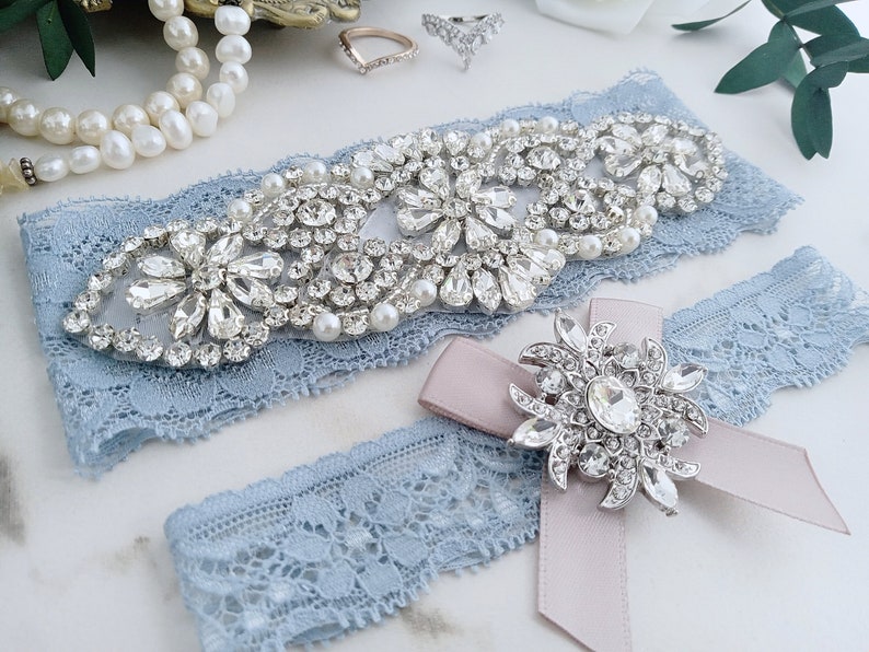 Something Blue Wedding Garters, Ivory or White Lace Pearl Rhinestone Bridal Garter Set image 1