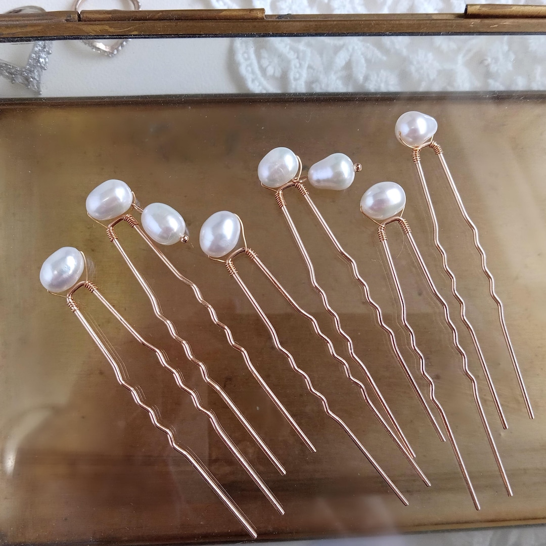 Freshwater Real Pearl Hair Pins, Bridal Wedding Hair Clip, Simple Set Of 3, 6, 9 Gold or Silver U Hairpins for Up-do
