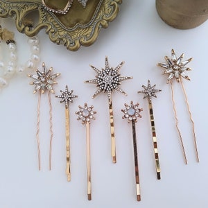 Star Hair Pins, Set of 7, Gold Wedding Hair Pins, Crystal Rhinestone Hair Clips, Stars Bridal Hair Pins, Stick Pins, Celestial Wedding Hair