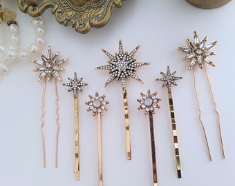 Star Hair Pins, Set of 7, Gold Wedding Hair Pins, Crystal Rhinestone Hair Clips, Stars Bridal Hair Pins, Stick Pins, Celestial Wedding Hair