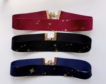 Velvet Gold Stars Necklace, Celstial Choker, Constellation Womens Jewelry