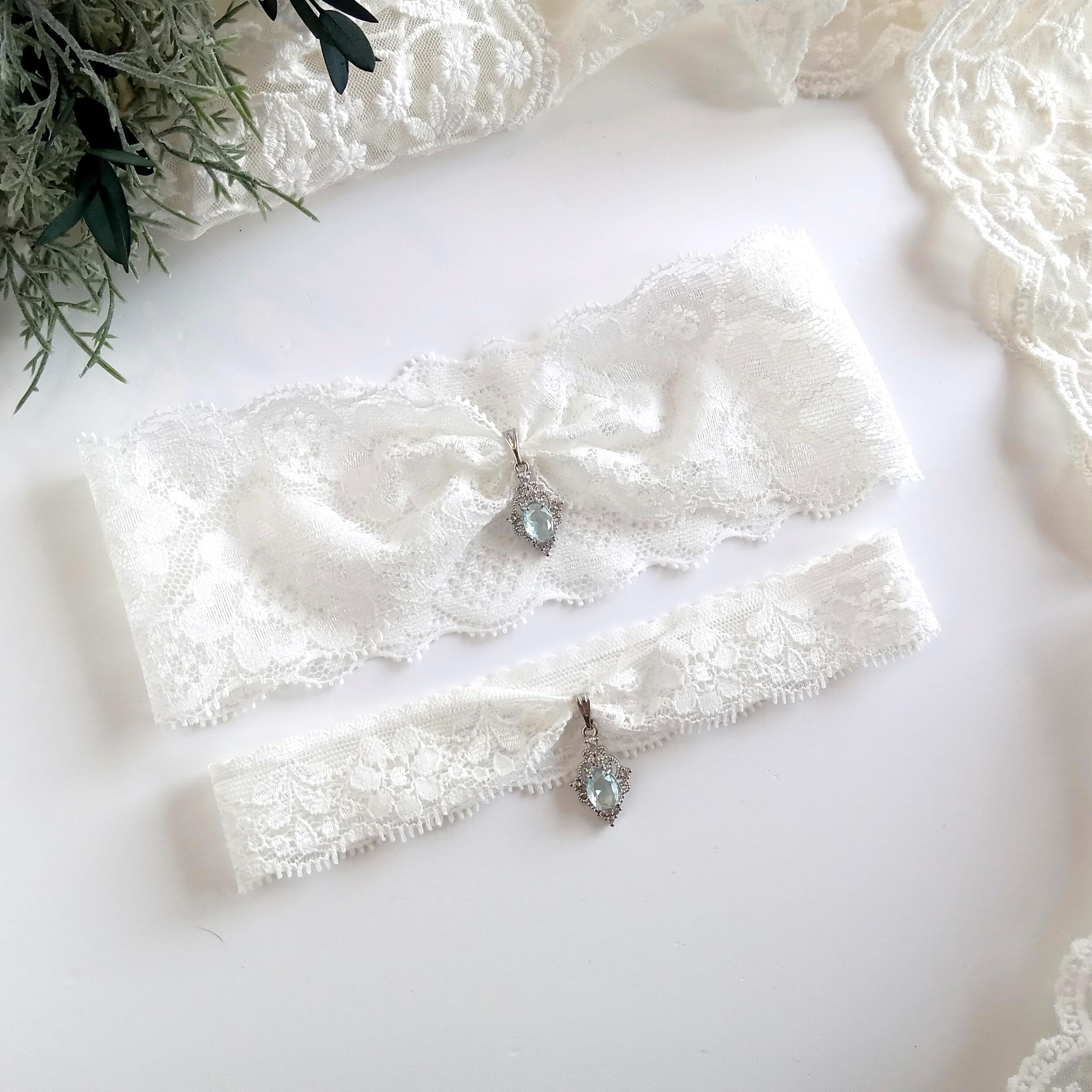 Wedding Garters Blue, Lace Bridal Custom Sized Single or Set for Bride, Keep and Tossing Something Blue