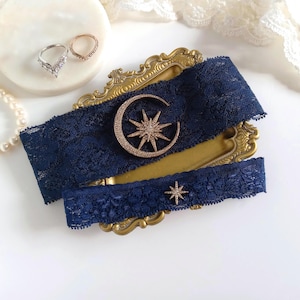 Conjunto de ligas de casamento com estrelas e lua, ligas celestiais, ligas com estrelas, conjunto de duas ligas, liga de renda azul-marinho, preta e branca - 8 opções de cores