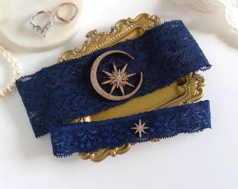 Sterne und Mond Strumpfhalter Set, Himmlische Strumpfhalter, Strumpfhalter mit Sternen, Strumpfband Zweier Set, Spitze Strumpfband Marine Schwarz Weiß - 8 Farbvarianten