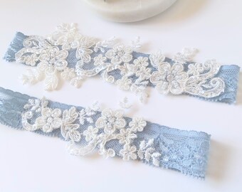 Dusty Blue Wedding Garters, Ivory Garter for Bride, Single or Set, Flower Lace Keepsake and Toss