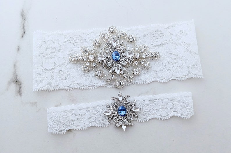 Something Blue Wedding Garters, Rhinestone Crystal Bridal Set, Lace Keepsake / Toss, Prom image 4