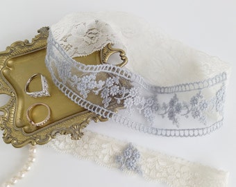 Wedding Garters, Grey Blue Flowers and Ivory Lace Garters with Toss, Illusion Garter Set, Custom Sized