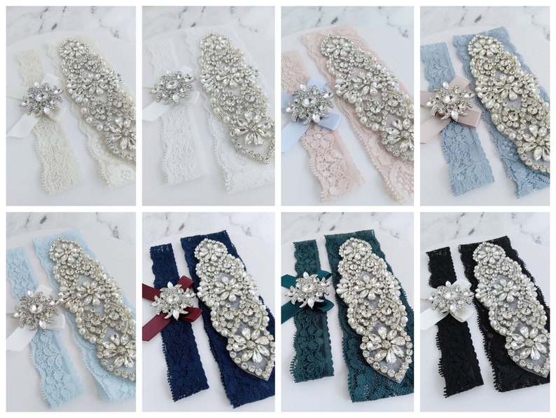 Something Blue Wedding Garters, Ivory or White Lace Pearl Rhinestone Bridal Garter Set image 4