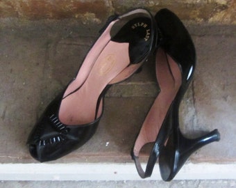 1950s I. Miller black leather peep toe slingback heels