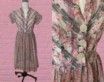 1950s voile semi sheer floral print dress • 40's 50's mid century